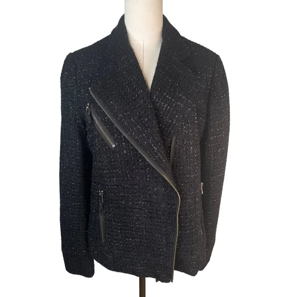 I Love Ronson Large Black Tweed Asymmetrical Zipper Jacket
